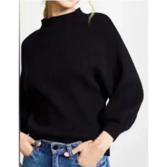 Line & Dot Rib Knit Sweater – Black Balloon Sleeve Mock Turtleneck Size Large - Picture 3 of 8
